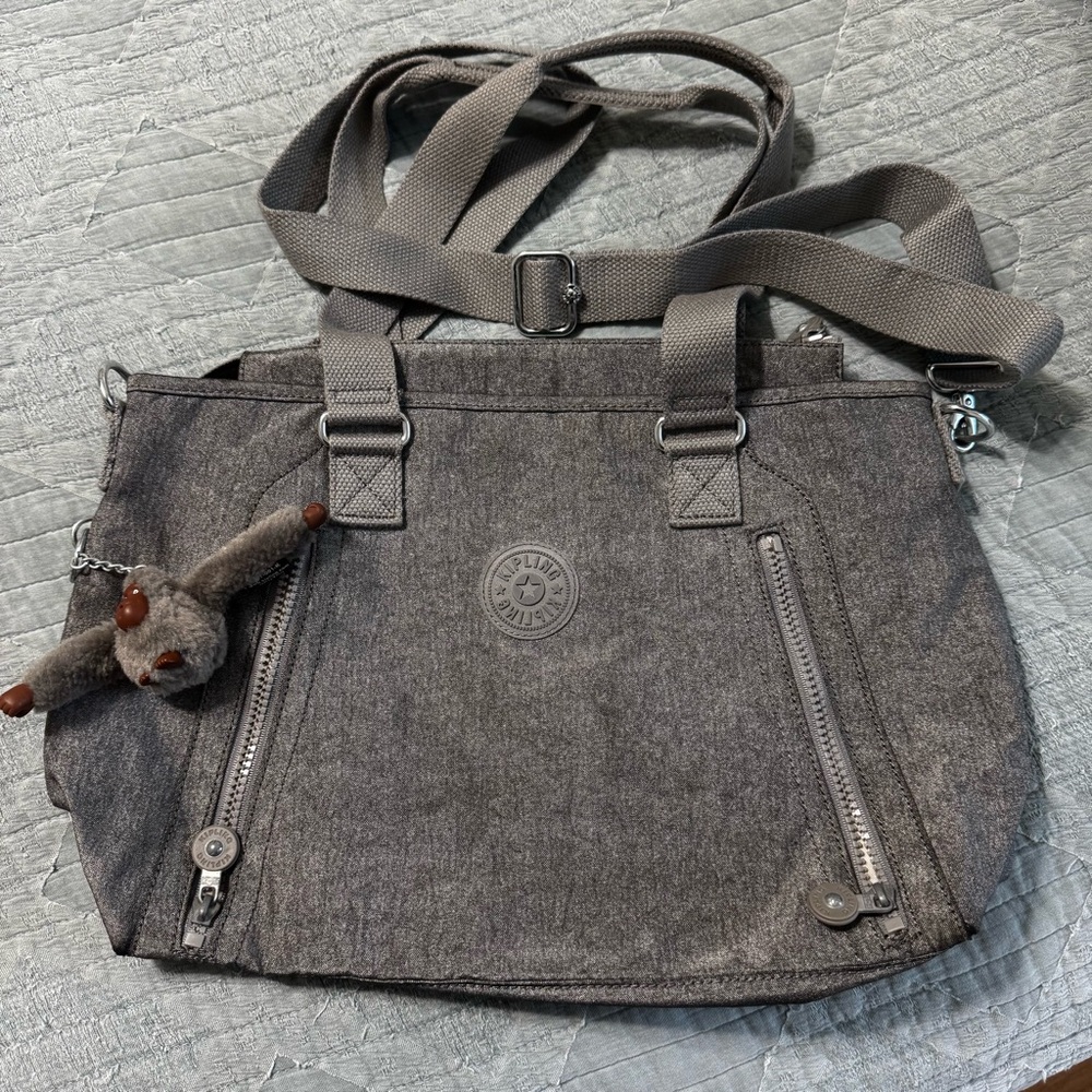 Kipling Angela Tote Satchel Crossbody Bag Silver Gray